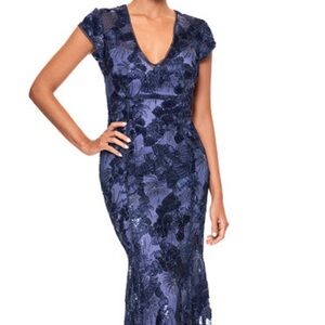 Betsy & Adam Blue Maxi Gown V-neck Sleeveless Wedding
